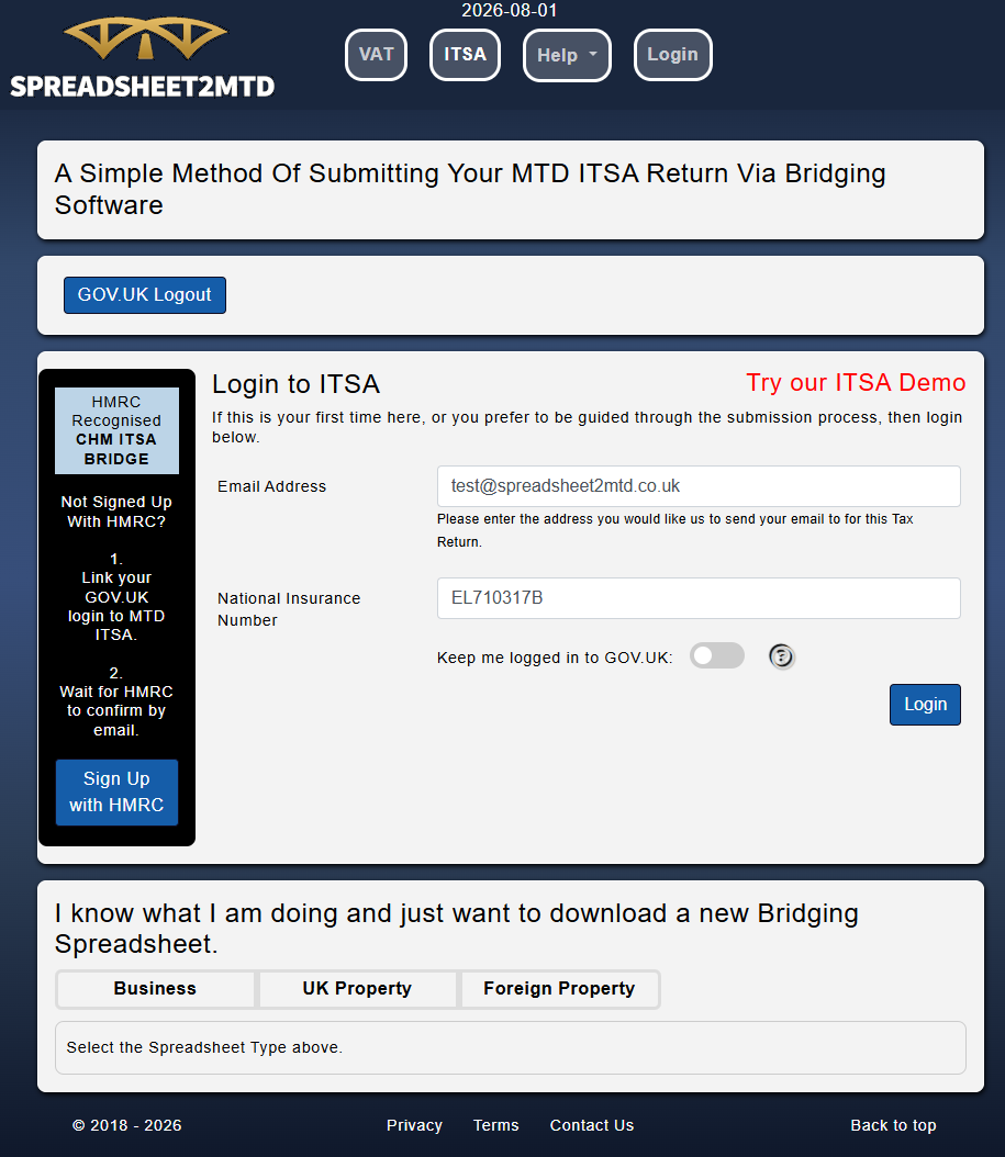 MTD ITSA Login page